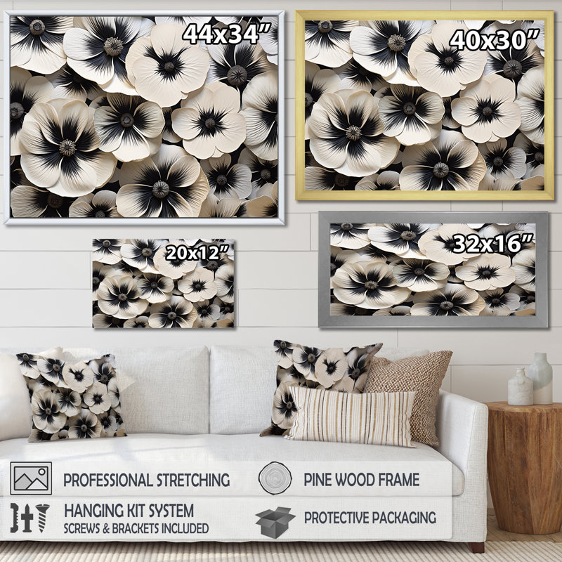 «White and Back Pansy Harmony I», reproduction sur toile, Cadre naturel flottant, H 30 po x l 40 po x P 1,5 po