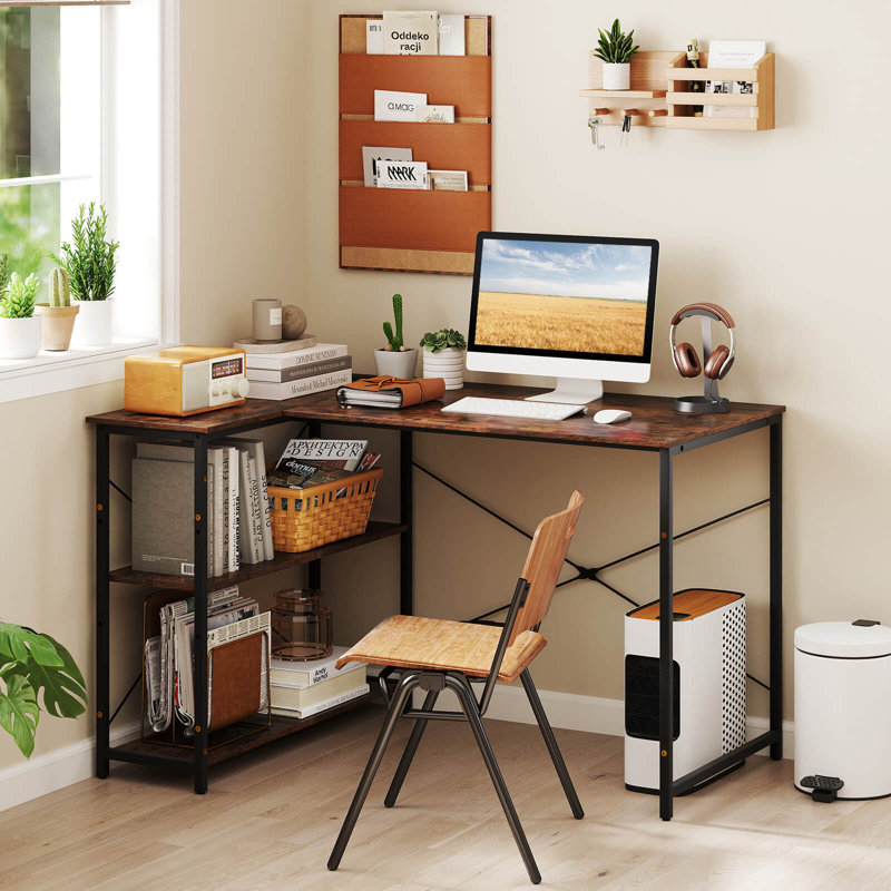 L-shaped Computer Desk With Power Outlets Adjustable Shelf Heavy-duty Metal Frame, Brown/Black