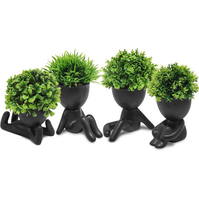 4PCS Cute Artificial Mini Succulent Plants With Creative Human Shaped Pots, Small Fake Plants For Shelf Desk Tabletop Office Home Decoration(Black)