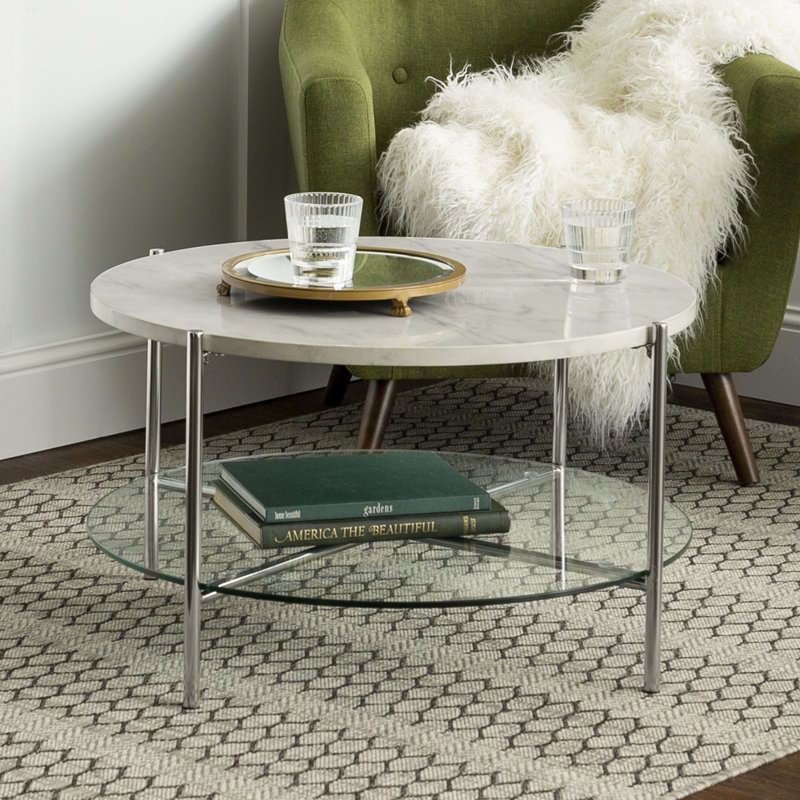Table basse avec rangement Seyhan, Marbre blanc / Chrome