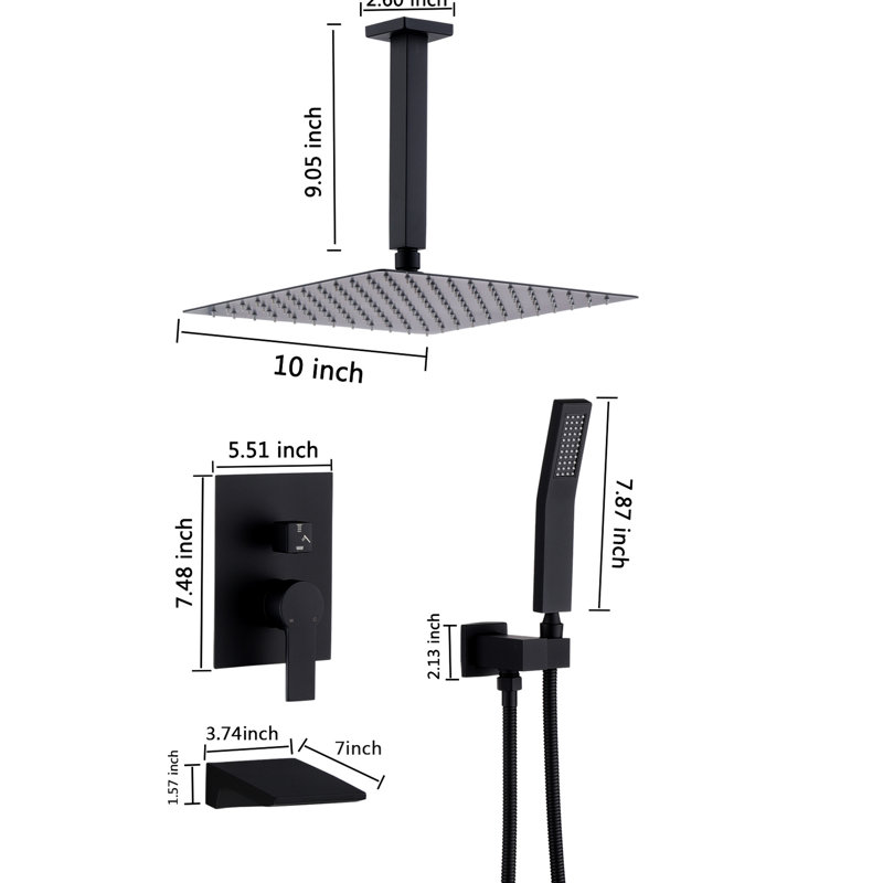 Matte Black Shower Faucets, 10" Rain Head, Stainless Steel, Balanced Ceramic Disc, Tub Spout, , Wall Mounted Faucet , Shower, Ceiling