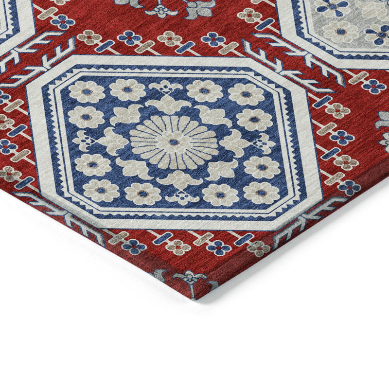 Red and Blue Synthetic Washable Rectangular Rug