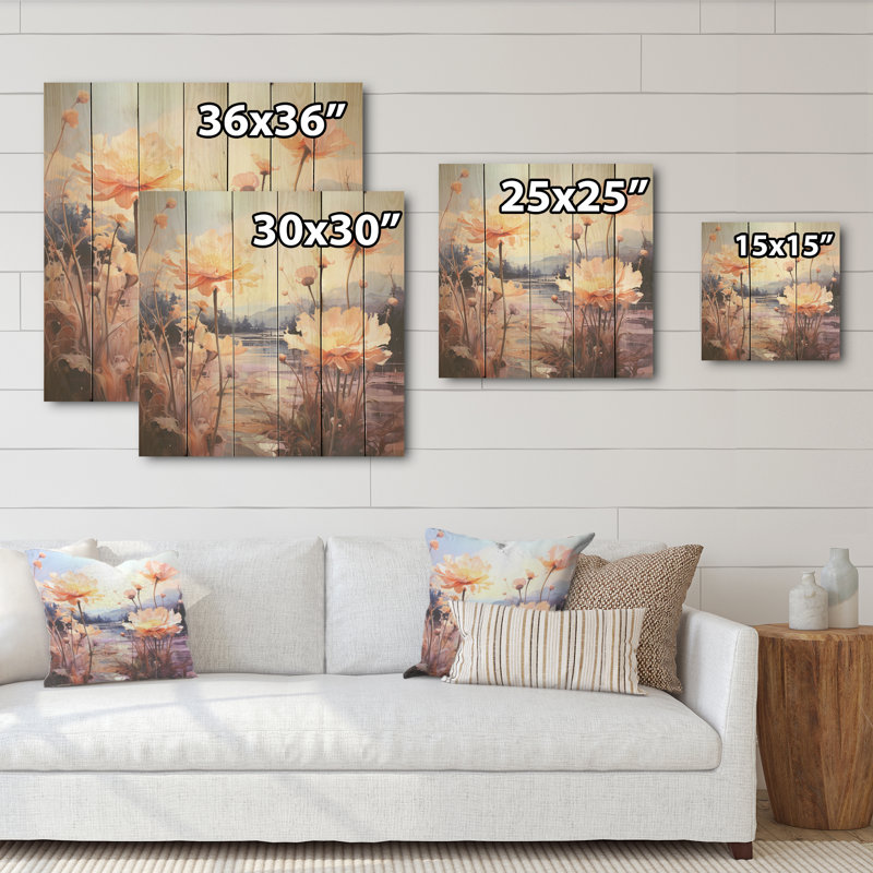 Verre floral sur fond de montagne - Art mural en bois sur bois de pin naturel, H 36 po x l 36 po