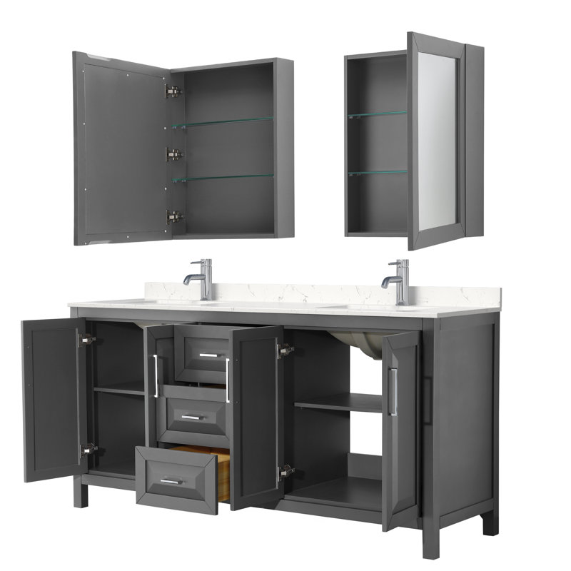 Daria 72'' Double Bathroom Vanity with Carrara Marble Top with Mirror, Dark Gray, Polished Chrome, Carrara Cultured Marble