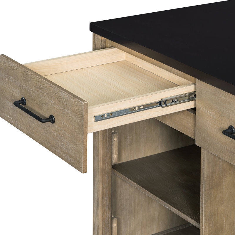Îlot de cuisine rétro avec alimentation intégrée, espace de travail extensible et étagère de rangement + comptoir naturel, look rétro