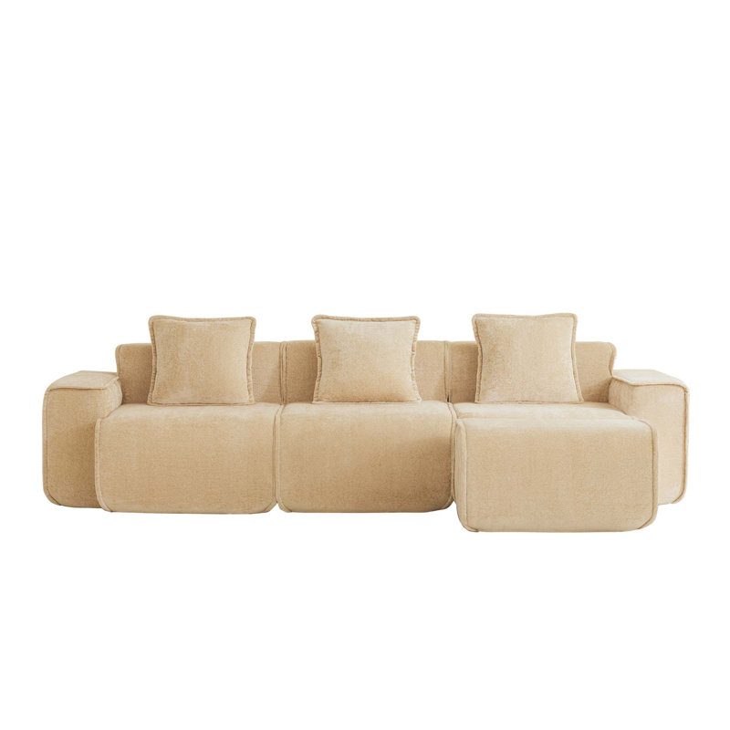 Canapé modulaire en L à 3 places avec passepoil à bordure française, sans assemblage requis, canapé 3 places avec coussins décoratifs et 1 repose-pieds mobile, tissu de velours