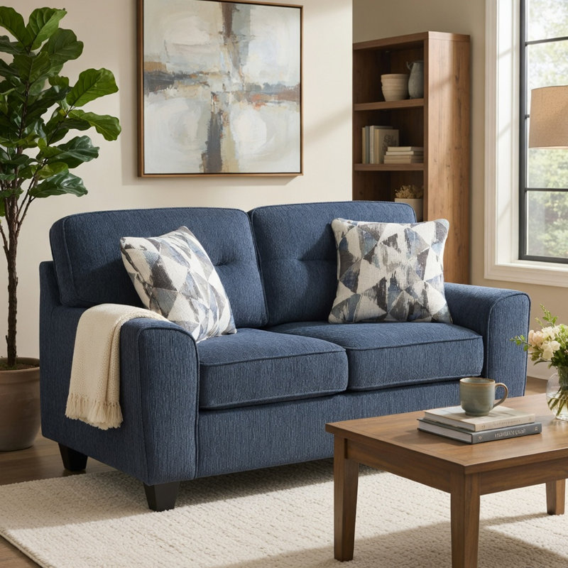 Causeuse Beny avec 2 coussins, accoudoirs, chenille bleue rembourrée de mousse, Bleu