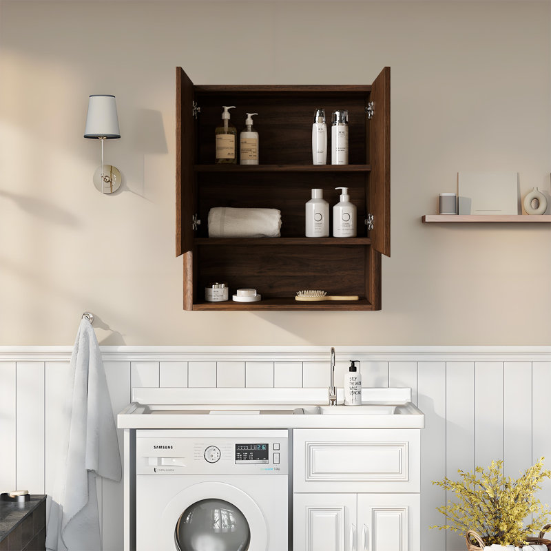 Modern 26'' Walnut Wall-Mounted Striped Bathroom Cabinet Medieval-Style Solid Wood Floating Cabinet