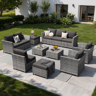 Briela 8 - Person Outdoor Seating Group with Cushions with Fire Pit table No Assembly Required