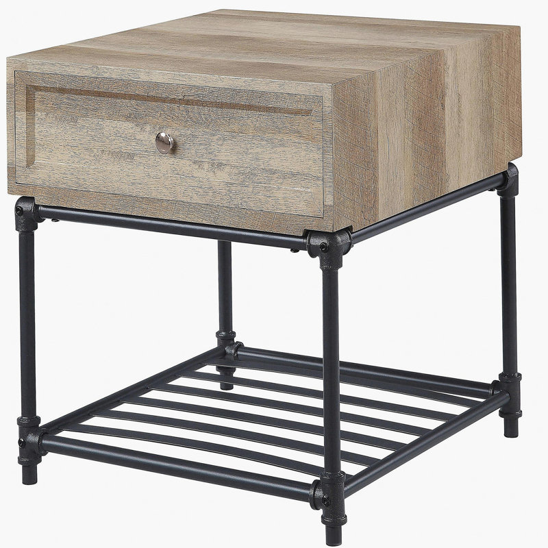 Table d'appoint en chêne et plage noire avec tablette inférieure rayée