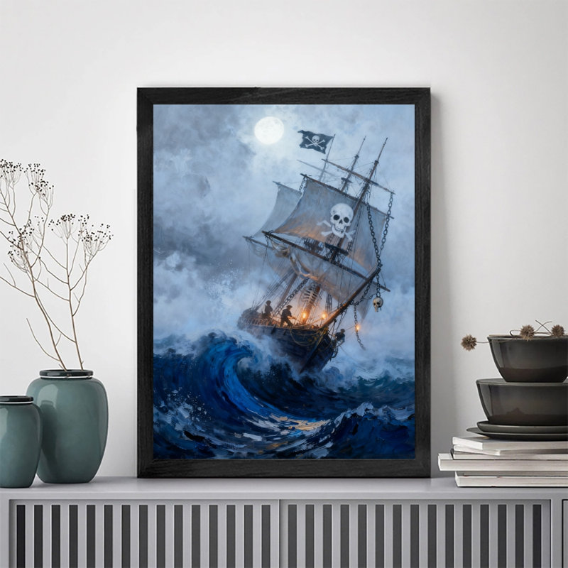 Art mural de pirate rétro noir encadré dans les vagues, impressions de style rétro, H 11 po x l 9 po