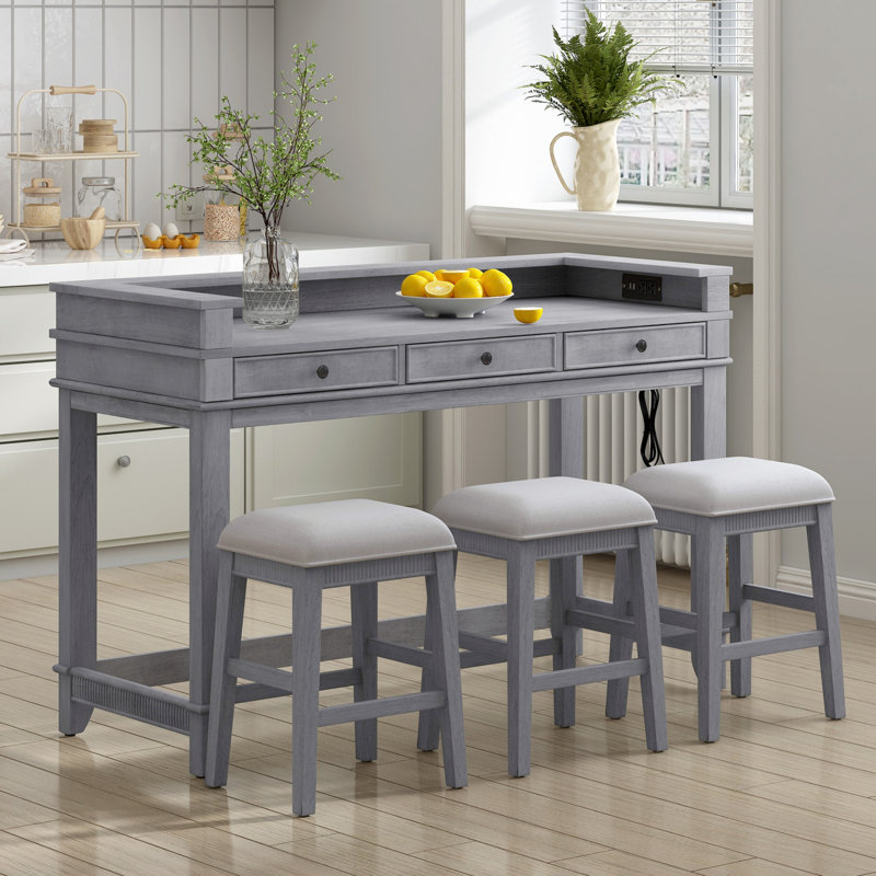Ensemble de table de salle à manger 4 pièces, table de cuisine rétro et chaises avec 3 tiroirs de rangement, Gris