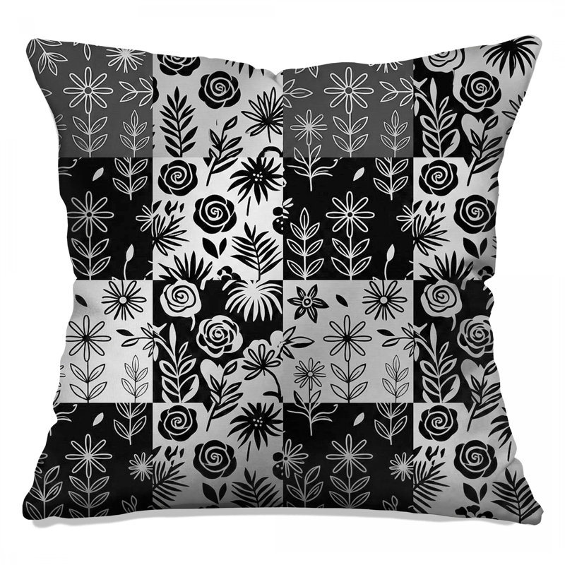 Coussins décoratifs noirs et blancs à motif floral, 14 X 14 pouces