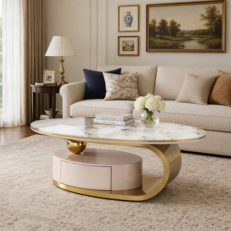 Table basse ovale de luxe de 51,18 po avec tiroir, plateau en verre imprimé, cadre en acier inoxydable brossé 201 #, centre de rangement de salon moderne
