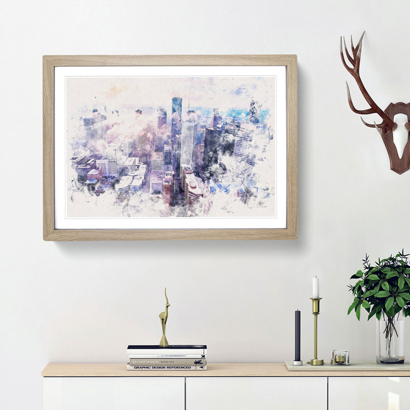 Houston Texas Skyline - Picture Frame Painting Print, 36cm H x 48cm W x 2cm D, Oak Framed