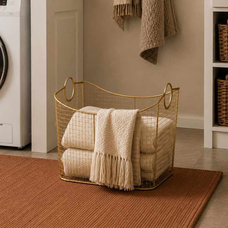 Metal Storage Basket with Ring Handles, Gold