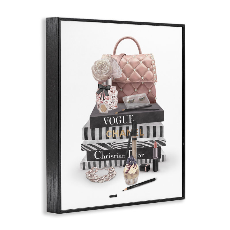 «Fashion Bookstack Purse Perfume Pink Glam Design» par Ziwei Li - impression, H 30 po x l 24 po, Giclée encadrée noir minuit