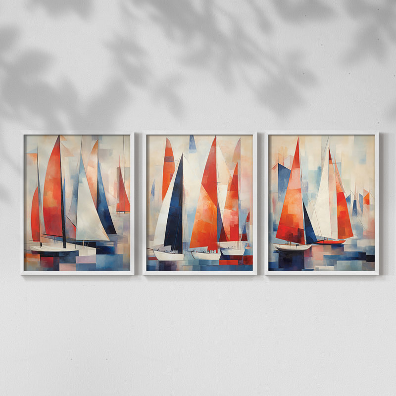 Série Sea and Shore XCIX - Ensemble de 3 estampes numériques - Prêt à accrocher, Cadre blanc, H 14 po x l 11 po