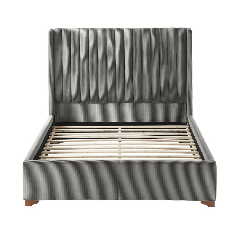 Lit plateforme tapissier moderne avec tête de lit à oreilles en velours côtelé, Lit simple, Gris foncé