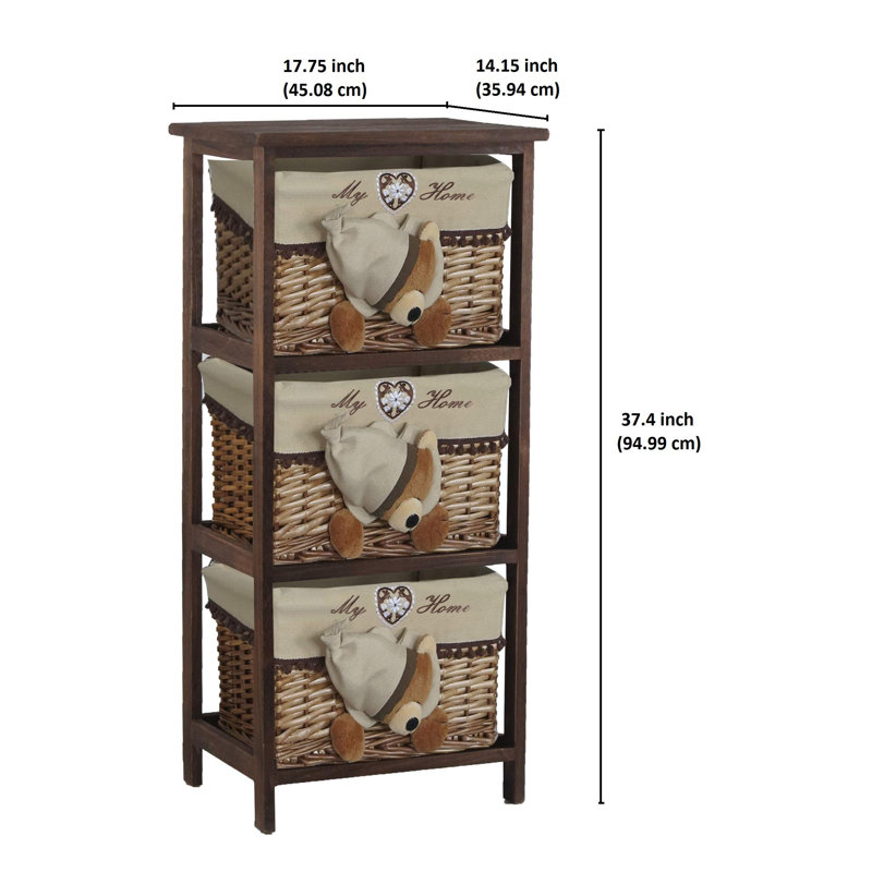 Jhavon 3 Drawer Wooden Cabinet with Wicker Storage Baskets and Brown Bear Design for Home Organization