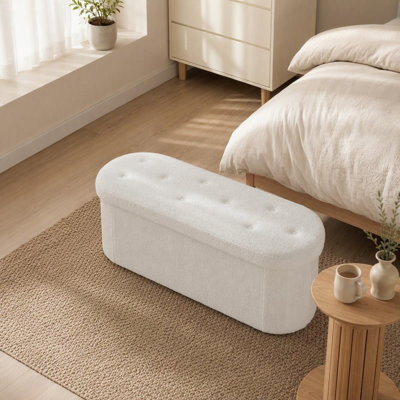 Teddy Fleece Oval Storage Ottoman,  Storage Bench for Bedroom