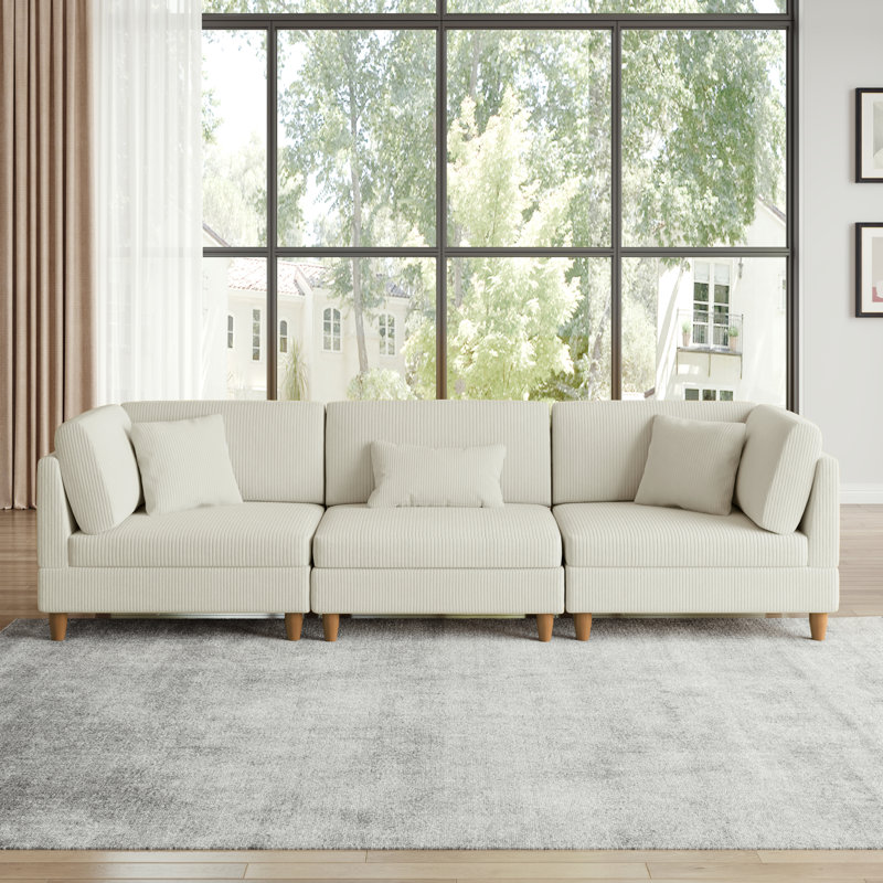 Seemab 3 - Piece Upholstered Beige Corduroy Modular Sectional with Pillow Back and Solid Wood Legs, Beige