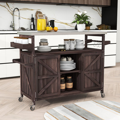 Miho Rolling Kitchen Island with Storage Cabinet, Grill Table with Stainless Steel Top and Spice Rack by Gracie Oaks