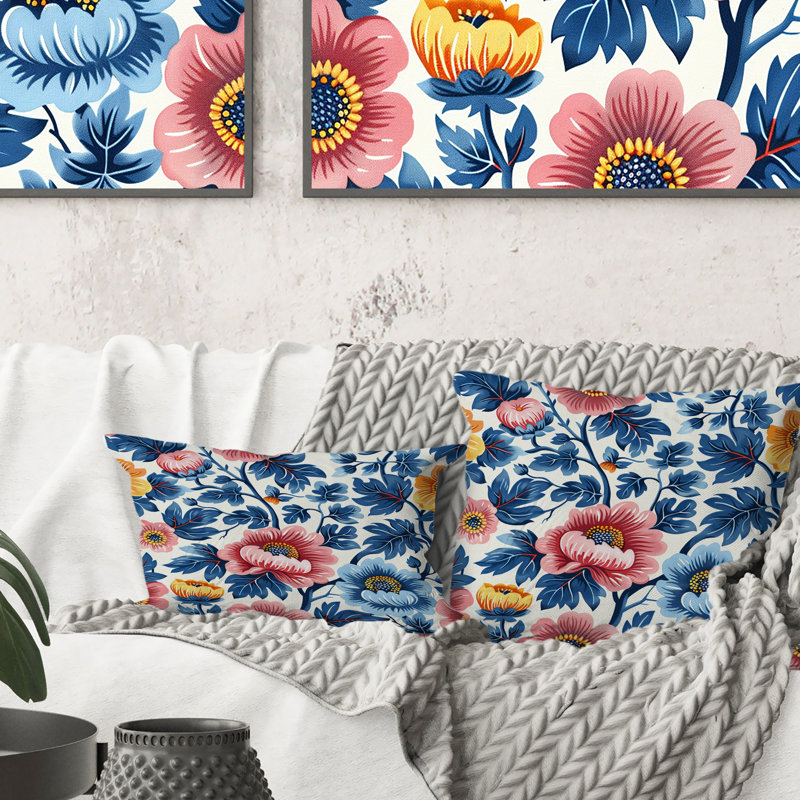 Coussin lombaire à fleurs bleues et florales III