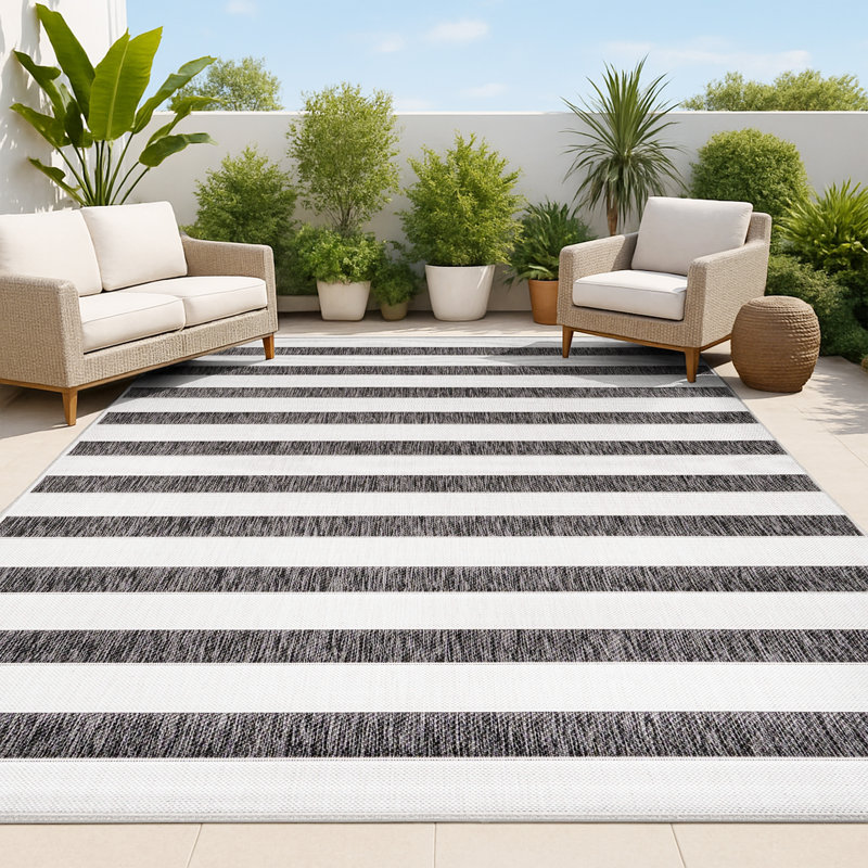 Aveiro Wide Stripe Black/Cream Indoor/Outdoor Rug, Rectangle 3' x 5'