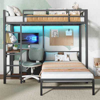 Bunk Bed With Folding Table, 3 Storage Drawers, Made Of Metal, Suitable For A Single Bed, Equipped With LED Lights And Charging Stations, Bunk Bed With Safety Railings And Ladder, Space-Saving, Black.