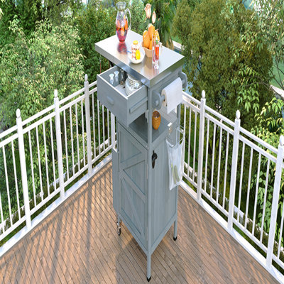 40.5" Outdoor Grill Cart With Stainless Steel Top, Solid Wood Outdoor Storage Cabinet With Drop Leaf, One Drawer, Towel Rack, Rolling Kitchen Cart With Lockable Wheels