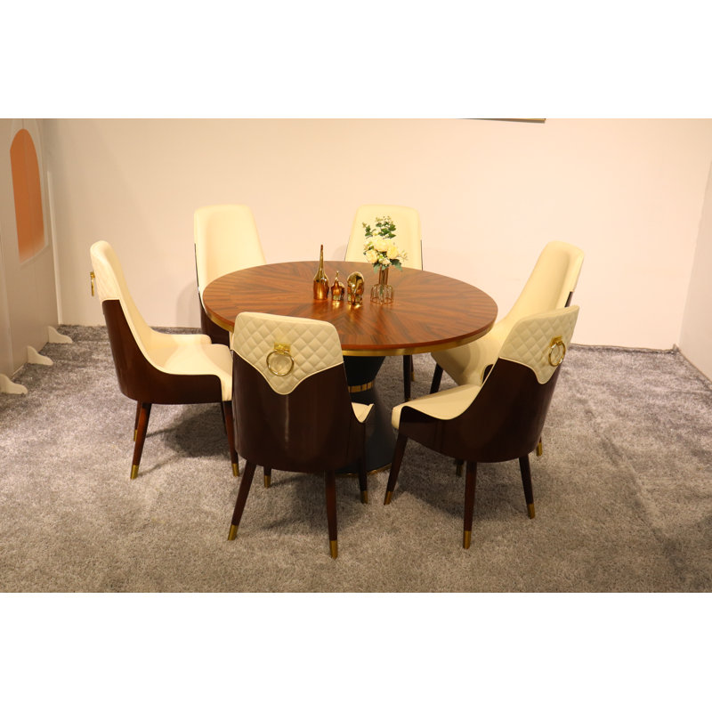 Vogue Lux Orange 61" Round Dining Set, Beige, 7 Pieces: Table, 6 Chairs, 31" H x 51" W x 51" D