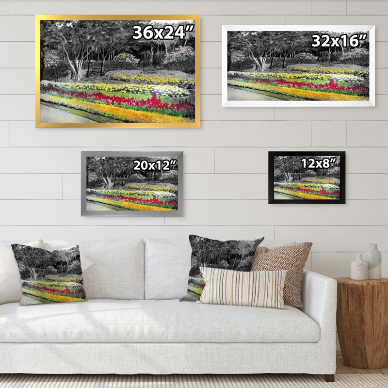Jardin vert en noir et blanc - reproduction sur toile, H 8 po x l 12 po x P 1 po, Cadre noir