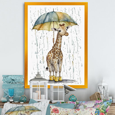 Mignonne girafe avec parapluie, jour de pluie - girafe sur toile, animaux