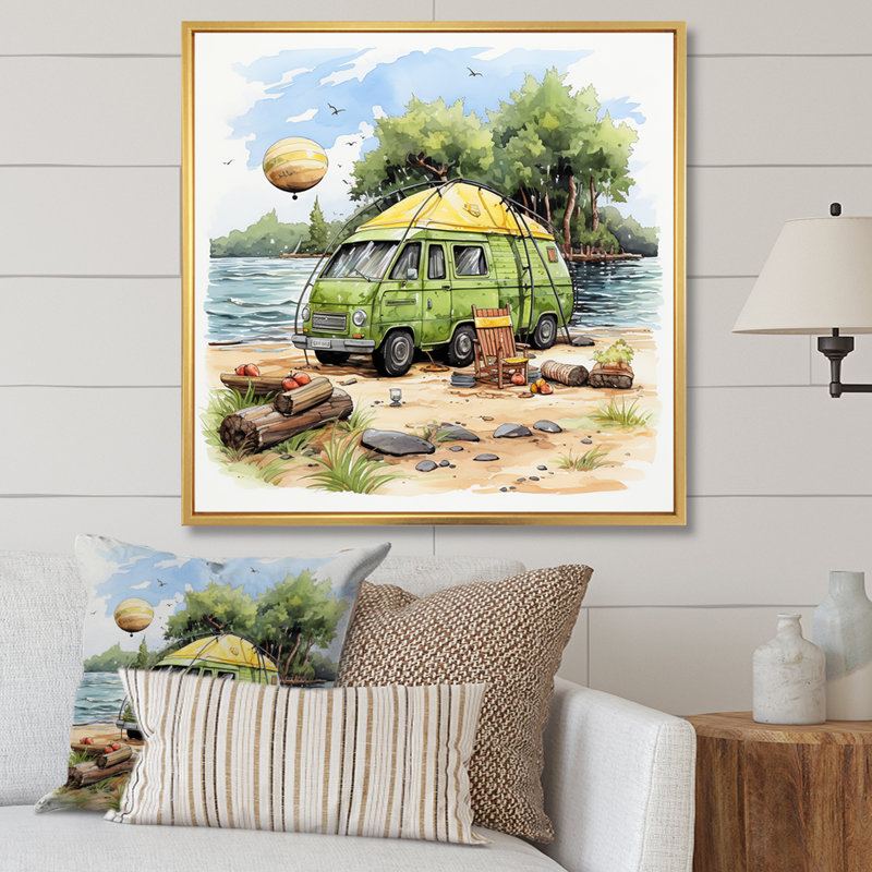 «Riverside Repose Camping Van 1», art mural fruits, H 16 po x l 16 po x P 1 po, Cadre flottant doré