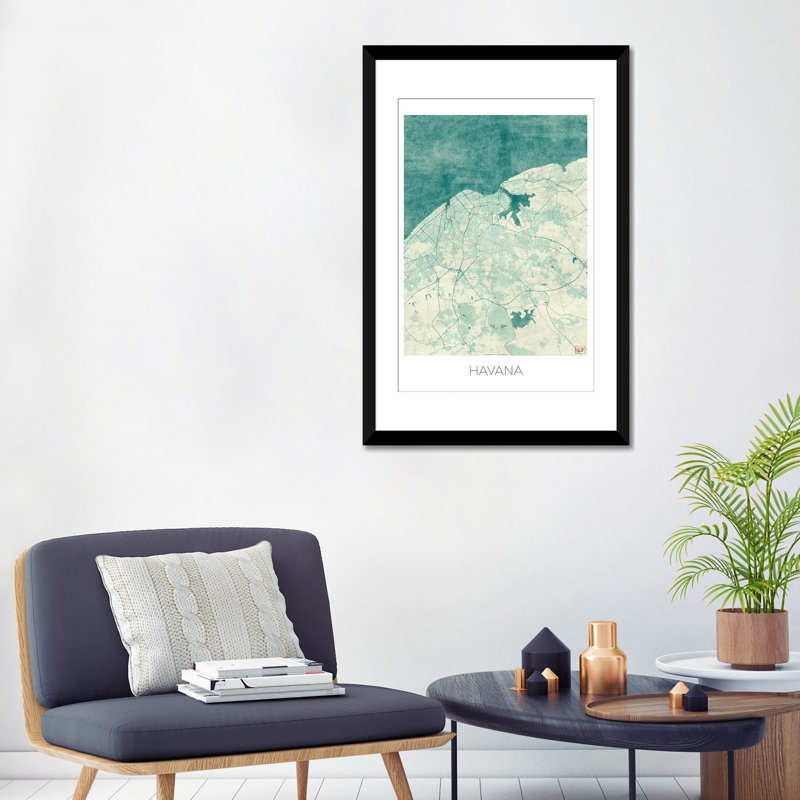 « havane urban blue blueprint map », reproduction d’impression sur toile, H 24 po x l 16 po x P 1 po, Papier avec cadre noir