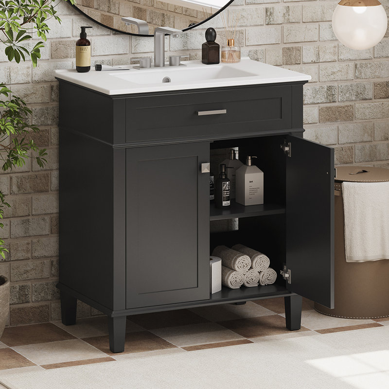 Meuble-lavabo de salle de bain avec lavabo en céramique à fermeture en douceur et tablettes réglables, Noir, noir, noir, noir