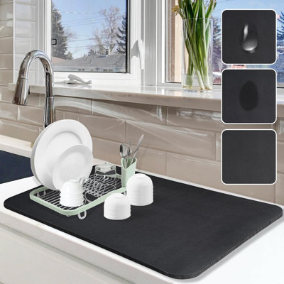 Tapis de vaisselle pour comptoir de cuisine, tapis de vaisselle de 16 po x 24 po avec support en caoutchouc antidérapant, anti-taches pour le comptoir de la cuisine, tapis de séchage pour support à vaisselle pour machine à café (noir)
