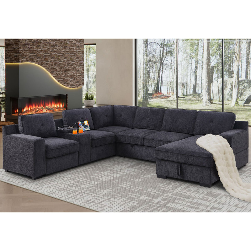 U-Shaped Sectional Sofa Bed Pull Out Sleeper Couch With Storage Chaise, Dark Gray