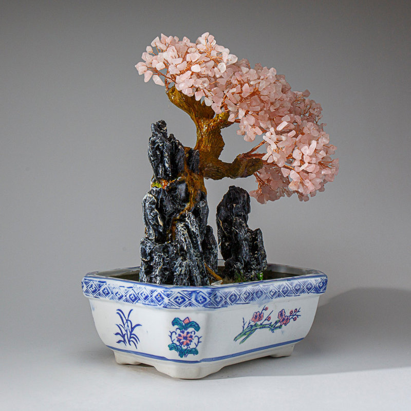 Genuine Rose Quartz Gemstone Bonsai Tree in Squarel Ceramic Pot (13")
