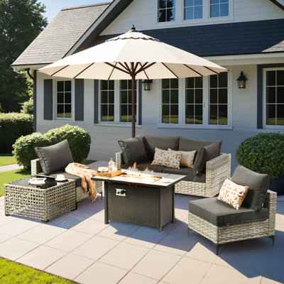 Ensemble de mobilier d'extérieur 6 pièces avec table de foyer, osier résistant aux intempéries, coussins rembourrés épais, canapé modulaire et chaises pour le jardin, la cour et le patio