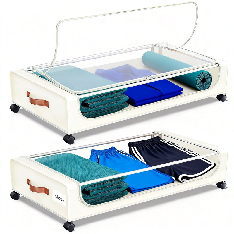 Under Bed Storage Bins with Wheels and Clear Lid, Rolling Storage Drawers for Clothes, Blankets, and Shoes, 2 Pack (White)