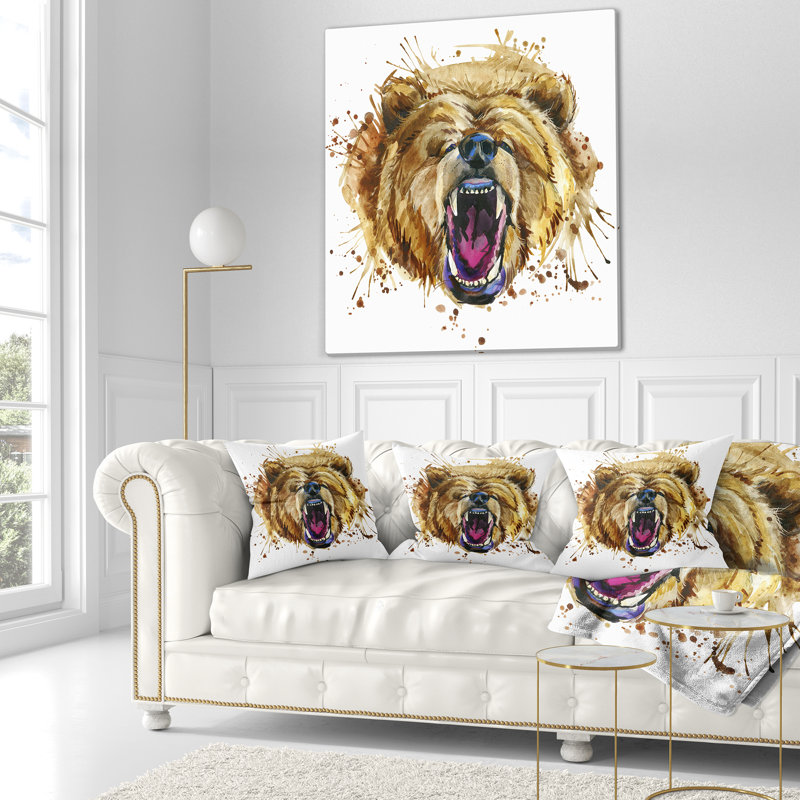 «Growling Grizzly Bear Aquarelle», coussin imprimé animal, 18 po x 18 po, Coussin décoratif