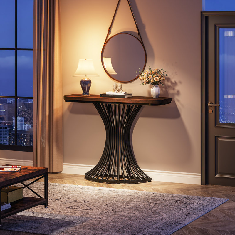 Rustic Brown Wood and Black Metal Demilune Console Table with Storage