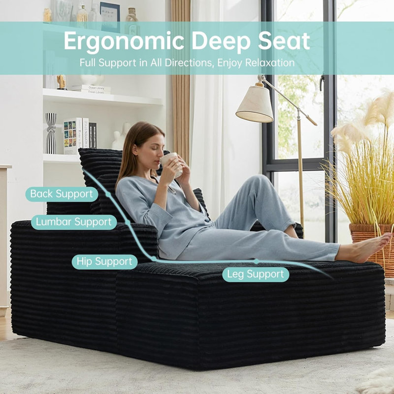 Fauteuil lounge Cloud surdimensionné de 137 cm (54 po), sans os, en flanelle côtelée avec 3 coussins, noir, aucun assemblage requis