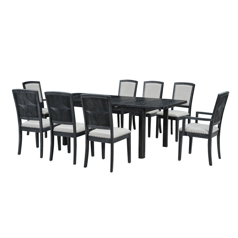 Ensemble de table de salle à manger extensible 9 pièces 84 po avec rallonge 24 po Rustic, Noir