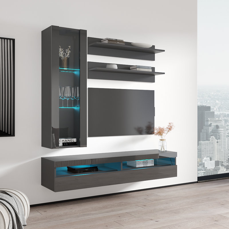 Laryssa 63" Modern Floating Wall Mounted Entertainment Center with 16-Color LED Lighting, High Gloss Finish, Gray