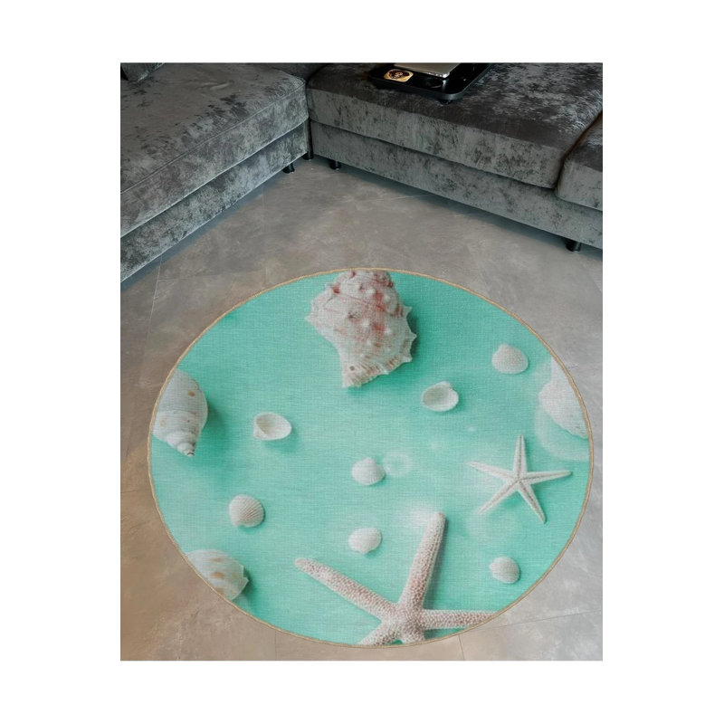 Turquoise Themed Starfish And Shell Patterned Round Woven Base Modern Decorative Carpet, Round 3'4"