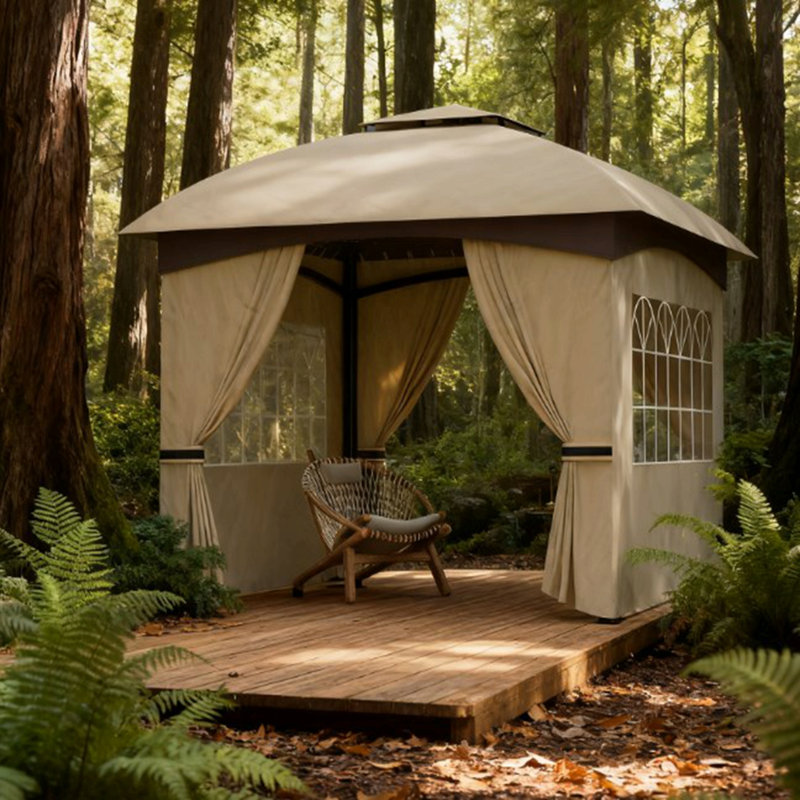 Double Roof Patio Gazebo,Elegant Design Gazebo,With Curtains,Church Windows,For Outdoor, Light Gray