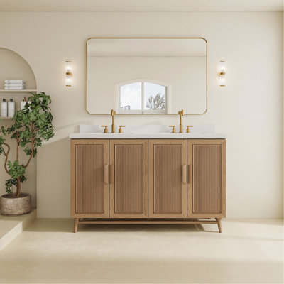 Meuble-lavabo de salle de bain autoportant 60 po entièrement assemblé en bois massif avec plateau blanc d'ingénierie entièrement assemblé